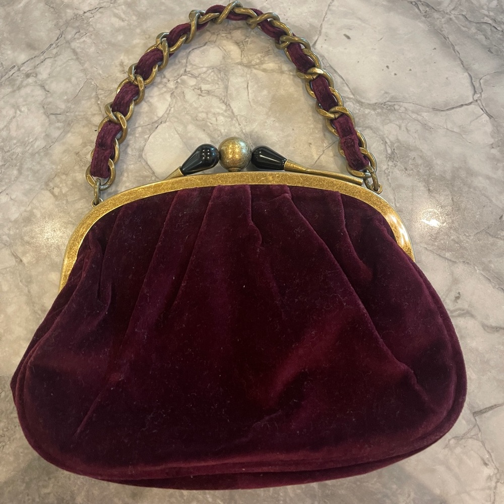 NTW J Crew Velvet Burgundy Kisslock Maroon Vintage Style Clutch Purse